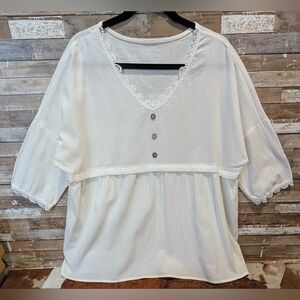 New Natural Linen Drop Shoulder Top With Decorative Buttons